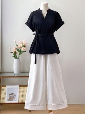 Black V-Neck Tie-Waist Top with White Wide-Leg Pants
